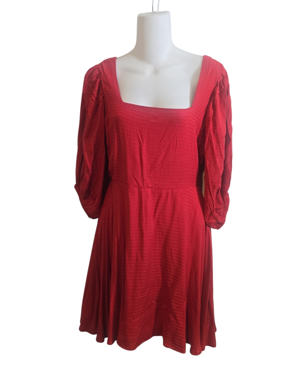 Square-Neck Midi Dress in Vibrant Red with Puff Sleeves